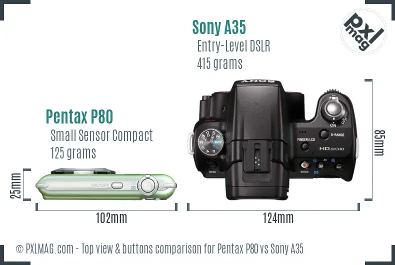 Pentax P80 vs Sony A35 top view buttons comparison