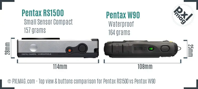 Pentax RS1500 vs Pentax W90 top view buttons comparison