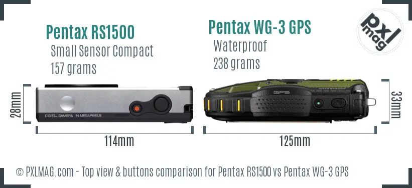 Pentax RS1500 vs Pentax WG-3 GPS top view buttons comparison Pentax RS1500 vs Pentax WG-3 GPS top view buttons comparison