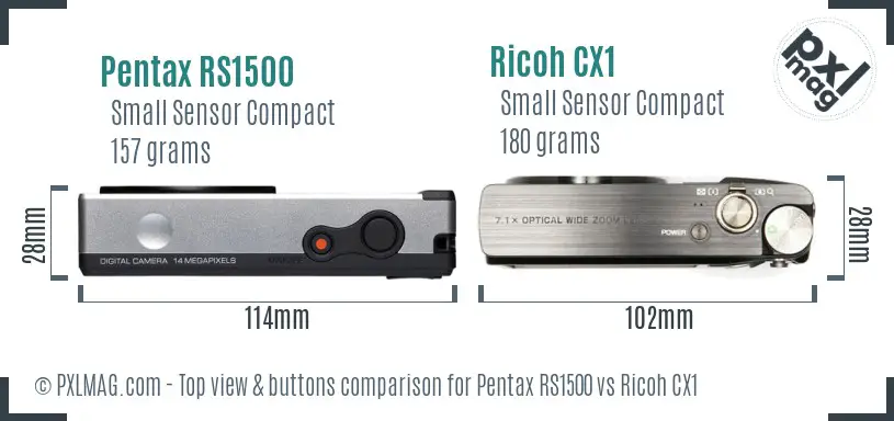 Pentax RS1500 vs Ricoh CX1 top view buttons comparison