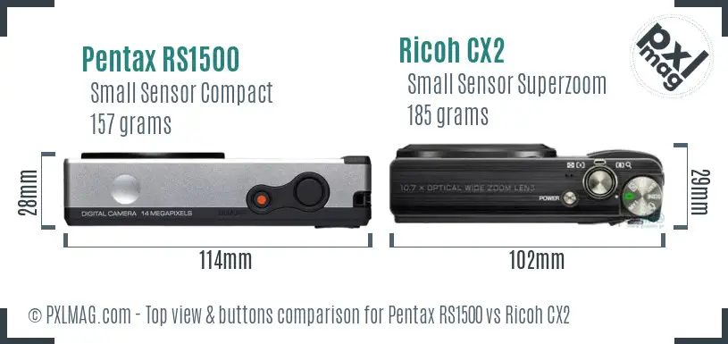 Pentax RS1500 vs Ricoh CX2 top view buttons comparison