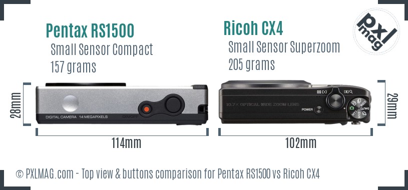 Pentax RS1500 vs Ricoh CX4 top view buttons comparison