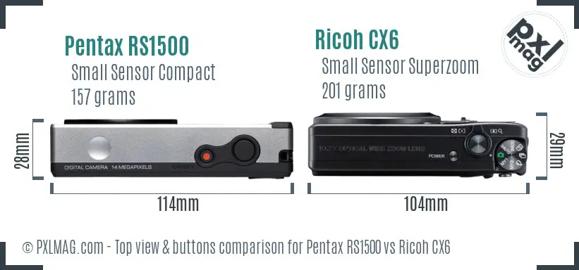 Pentax RS1500 vs Ricoh CX6 top view buttons comparison