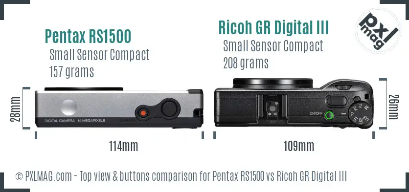 Pentax RS1500 vs Ricoh GR Digital III top view buttons comparison
