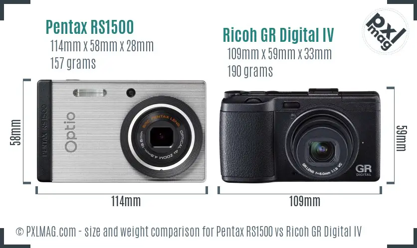 Pentax RS1500 vs Ricoh GR Digital IV size comparison