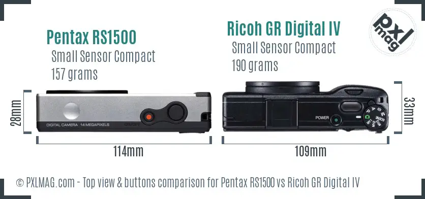 Pentax RS1500 vs Ricoh GR Digital IV top view buttons comparison
