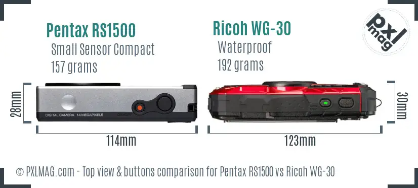 Pentax RS1500 vs Ricoh WG-30 top view buttons comparison
