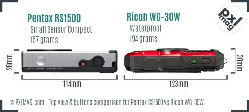 Pentax RS1500 vs Ricoh WG-30W top view buttons comparison