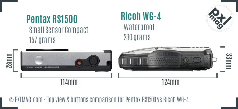 Pentax RS1500 vs Ricoh WG-4 top view buttons comparison Pentax RS1500 vs Ricoh WG-4 top view buttons comparison