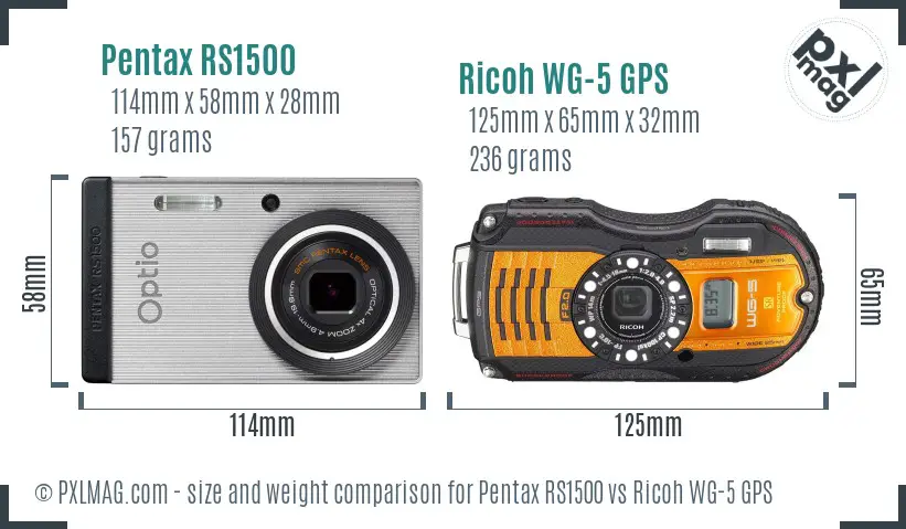 Pentax RS1500 vs Ricoh WG-5 GPS size comparison Pentax RS1500 vs Ricoh WG-5 GPS size comparison