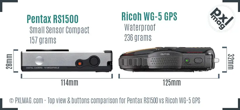 Pentax RS1500 vs Ricoh WG-5 GPS top view buttons comparison Pentax RS1500 vs Ricoh WG-5 GPS top view buttons comparison