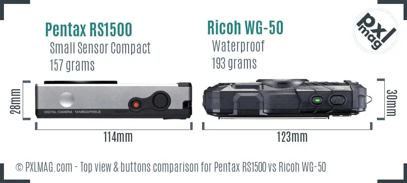 Pentax RS1500 vs Ricoh WG-50 top view buttons comparison