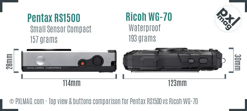 Pentax RS1500 vs Ricoh WG-70 top view buttons comparison