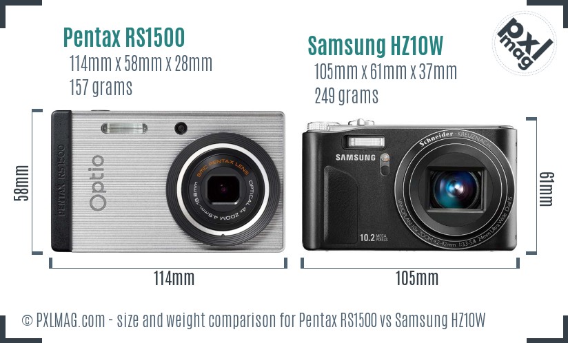 Pentax RS1500 vs Samsung HZ10W size comparison