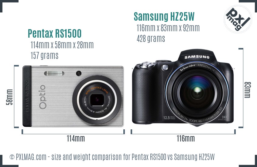 Pentax RS1500 vs Samsung HZ25W size comparison