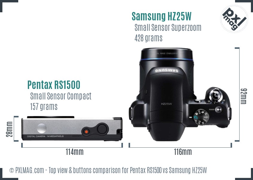Pentax RS1500 vs Samsung HZ25W top view buttons comparison