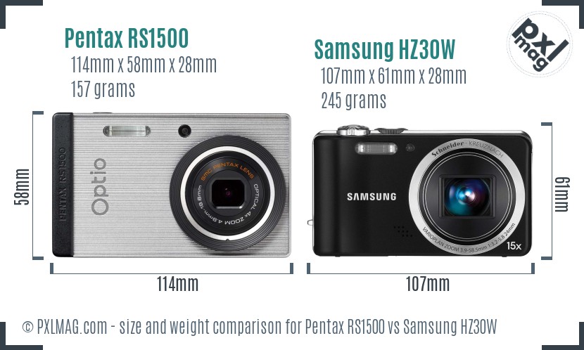 Pentax RS1500 vs Samsung HZ30W size comparison