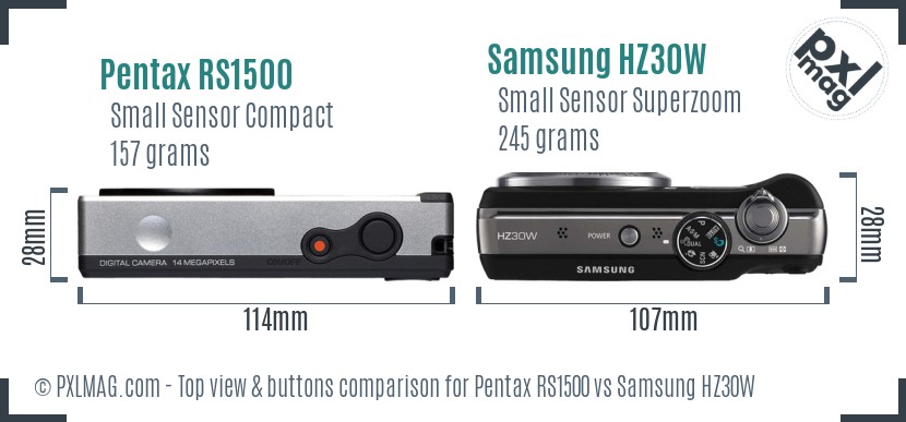 Pentax RS1500 vs Samsung HZ30W top view buttons comparison
