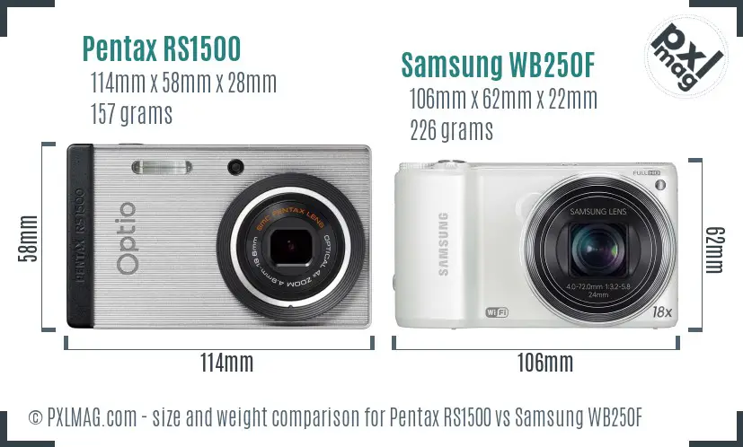 Pentax RS1500 vs Samsung WB250F size comparison