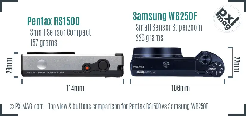 Pentax RS1500 vs Samsung WB250F top view buttons comparison