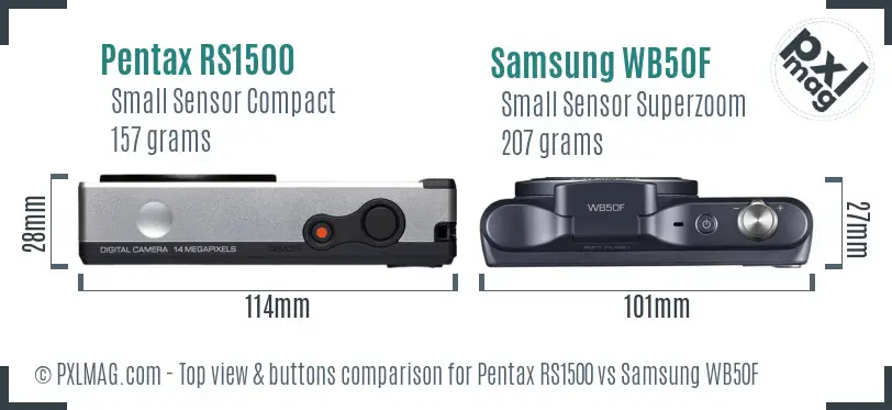 Pentax RS1500 vs Samsung WB50F top view buttons comparison Pentax RS1500 vs Samsung WB50F top view buttons comparison