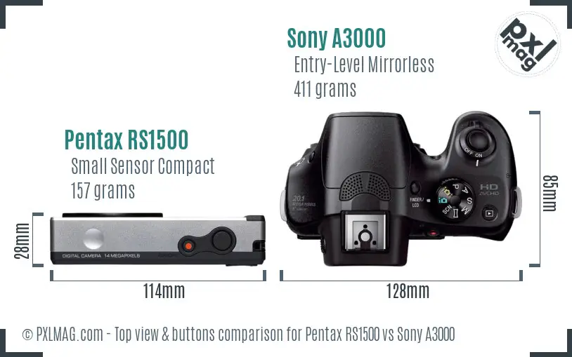 Pentax RS1500 vs Sony A3000 top view buttons comparison Pentax RS1500 vs Sony A3000 top view buttons comparison