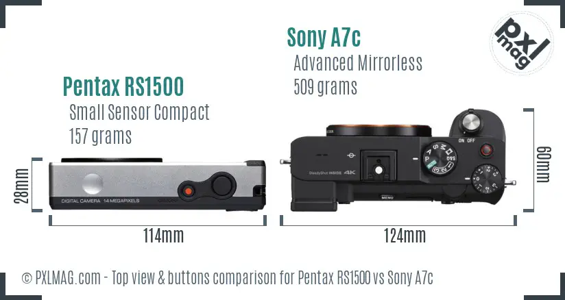 Pentax RS1500 vs Sony A7c top view buttons comparison Pentax RS1500 vs Sony A7c top view buttons comparison