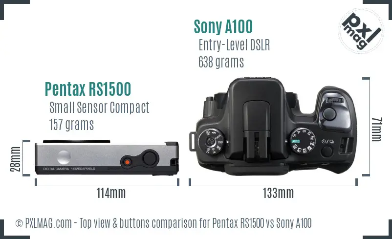 Pentax RS1500 vs Sony A100 top view buttons comparison