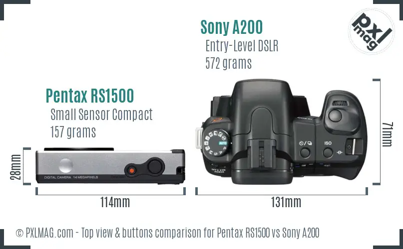 Pentax RS1500 vs Sony A200 top view buttons comparison Pentax RS1500 vs Sony A200 top view buttons comparison