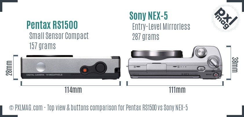 Pentax RS1500 vs Sony NEX-5 top view buttons comparison