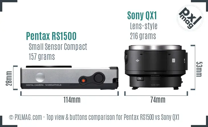 Pentax RS1500 vs Sony QX1 top view buttons comparison Pentax RS1500 vs Sony QX1 top view buttons comparison