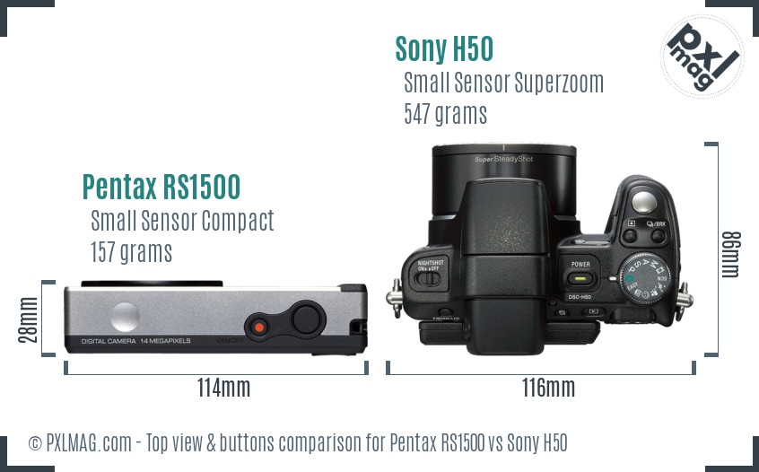 Pentax RS1500 vs Sony H50 top view buttons comparison