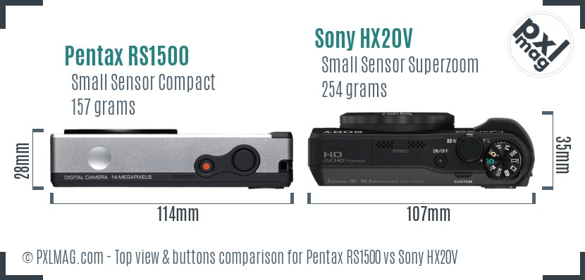Pentax RS1500 vs Sony HX20V top view buttons comparison