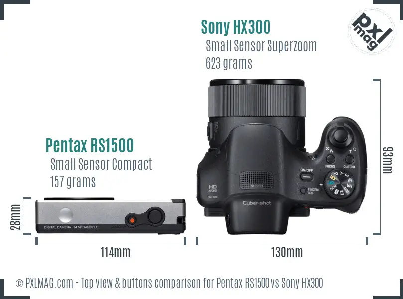 Pentax RS1500 vs Sony HX300 top view buttons comparison