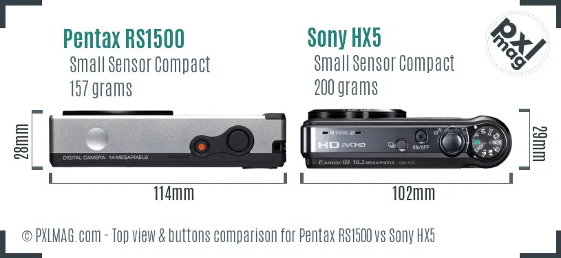 Pentax RS1500 vs Sony HX5 top view buttons comparison