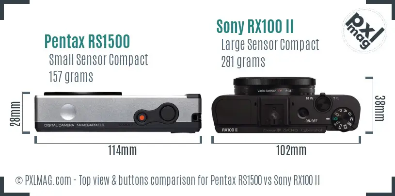 Pentax RS1500 vs Sony RX100 II top view buttons comparison