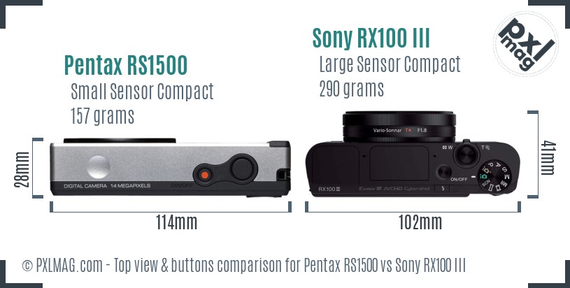 Pentax RS1500 vs Sony RX100 III top view buttons comparison