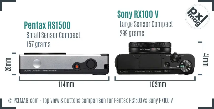 Pentax RS1500 vs Sony RX100 V top view buttons comparison