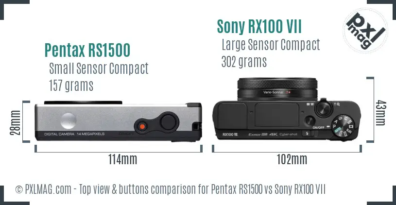 Pentax RS1500 vs Sony RX100 VII top view buttons comparison Pentax RS1500 vs Sony RX100 VII top view buttons comparison