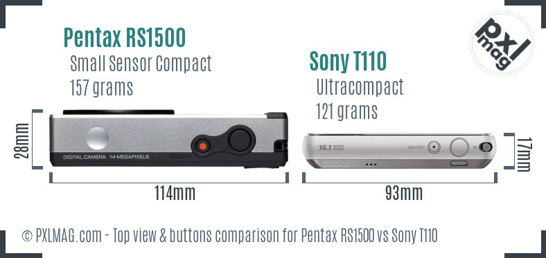 Pentax RS1500 vs Sony T110 top view buttons comparison
