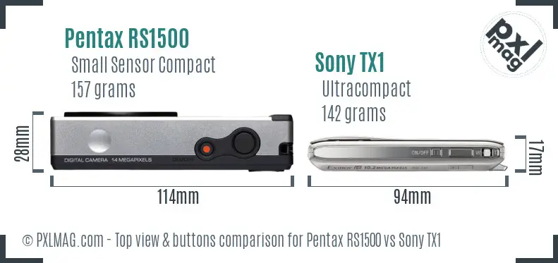 Pentax RS1500 vs Sony TX1 top view buttons comparison Pentax RS1500 vs Sony TX1 top view buttons comparison