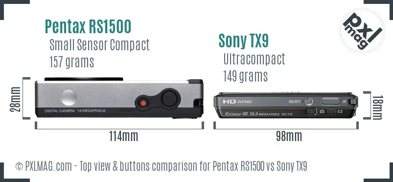 Pentax RS1500 vs Sony TX9 top view buttons comparison Pentax RS1500 vs Sony TX9 top view buttons comparison