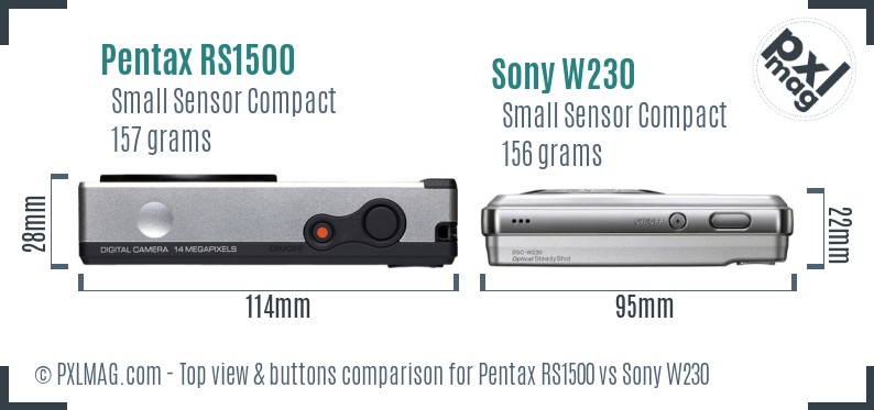 Pentax RS1500 vs Sony W230 top view buttons comparison