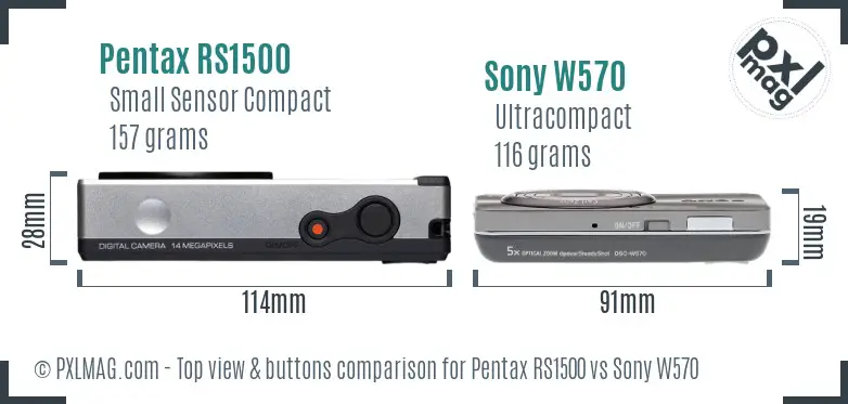 Pentax RS1500 vs Sony W570 top view buttons comparison