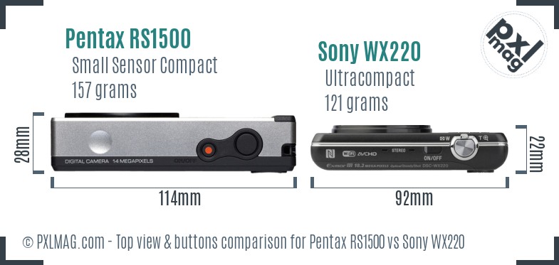 Pentax RS1500 vs Sony WX220 top view buttons comparison