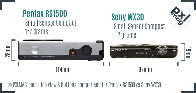 Pentax RS1500 vs Sony WX30 top view buttons comparison Pentax RS1500 vs Sony WX30 top view buttons comparison