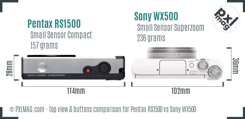 Pentax RS1500 vs Sony WX500 top view buttons comparison
