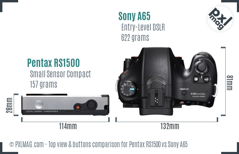 Pentax RS1500 vs Sony A65 top view buttons comparison