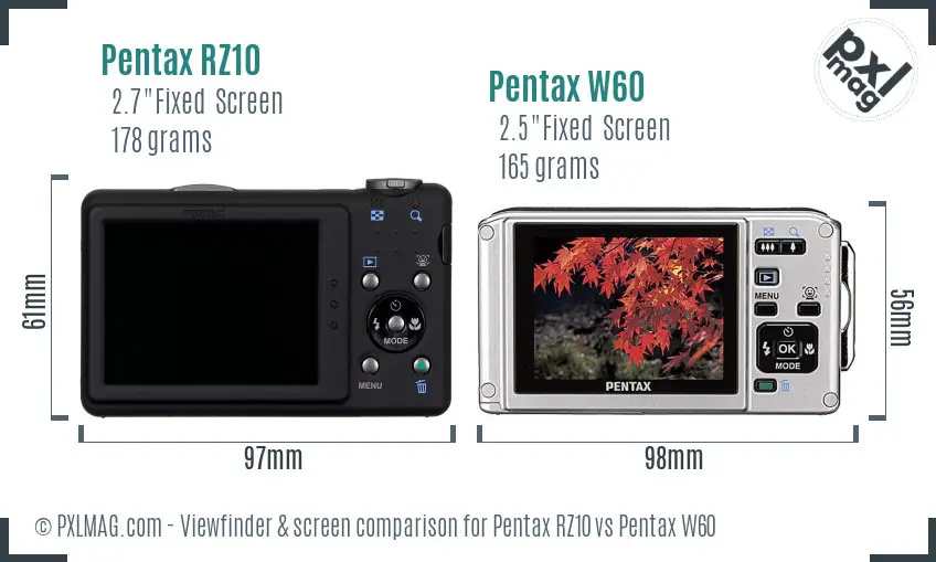 Pentax RZ10 vs Pentax W60 Screen and Viewfinder comparison