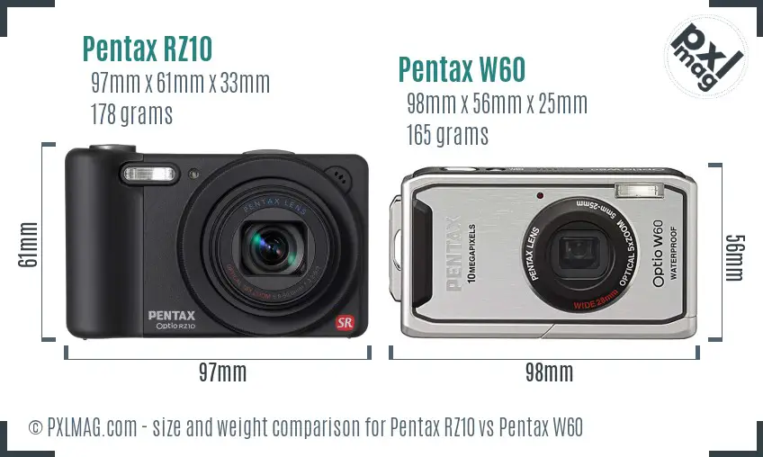 Pentax RZ10 vs Pentax W60 size comparison